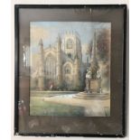 Watercolour of St Mary's Church, Beverley by A E King in a black frame.
