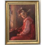 James Clark 19th/20th century oil on canvas entitled ''Firespirit'' a young girl seated at a