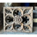 Carved oak panel with Yorkshire rose to centre, x Beverley Minster. 58.5 x 51cm.