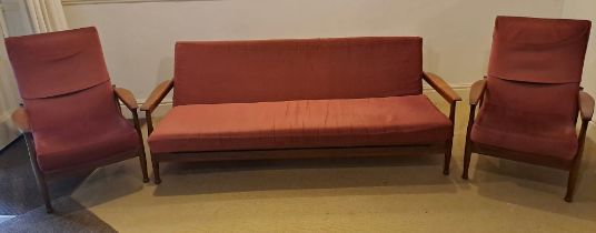 A Guy Rogers three piece suite comprising a sofa bed 77 h x 202 w x 100cm d and two reclining chairs