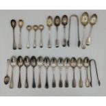 A collection of hallmarked silver spoons and tongs comprising of, fourteen from Sheffield, various