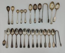 A collection of hallmarked silver spoons and tongs comprising of, fourteen from Sheffield, various