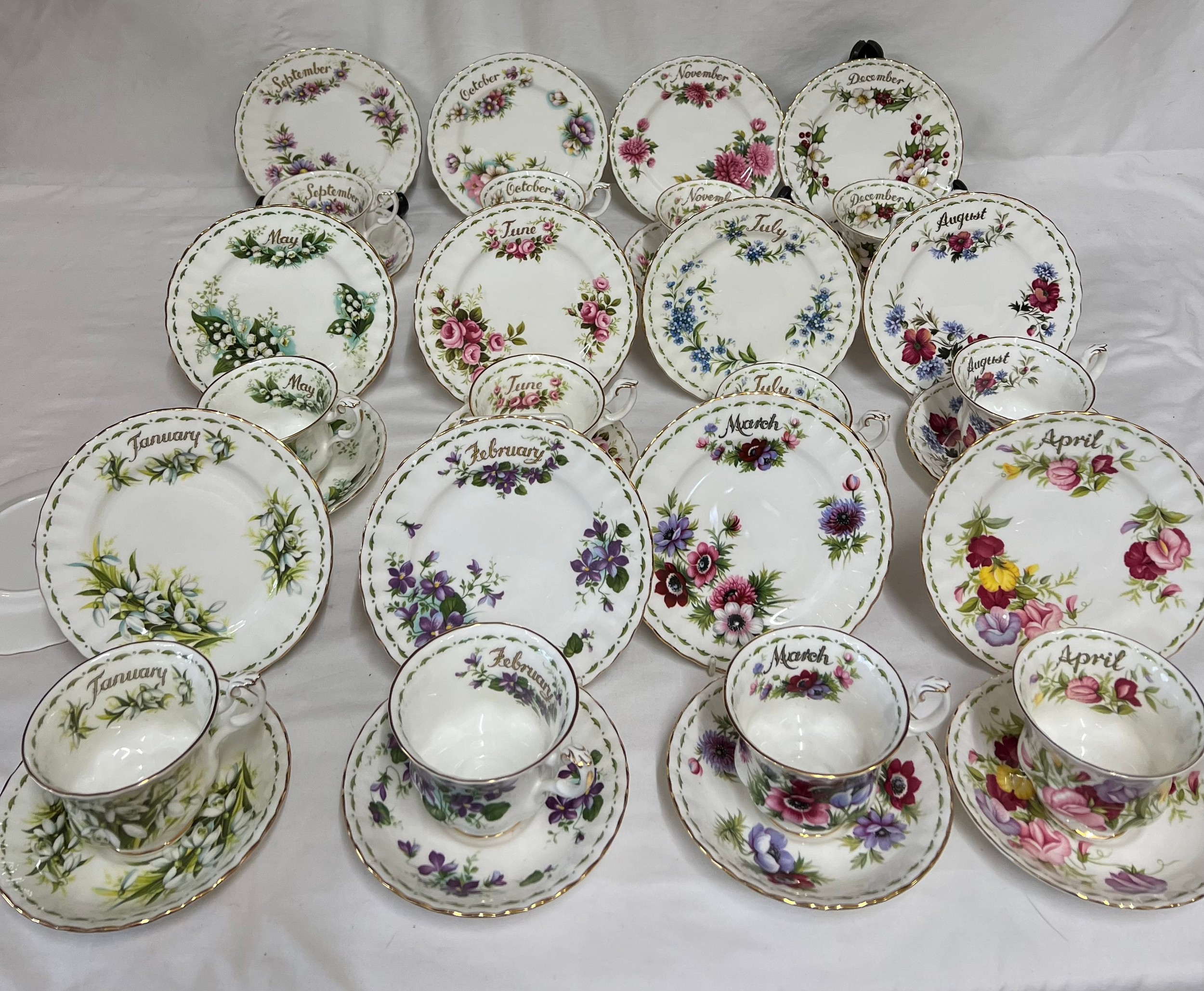 All twelve months of Royal Albert Flowers Of The Month series cups, saucers and plates, plus one - Image 6 of 6