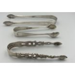 Three pairs of sugar tongs, two silver, Chester 1896 maker George Nathan and Ridley Hayes. Sheffield