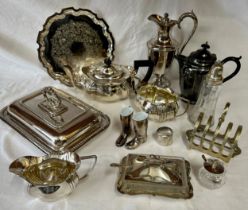 A quantity of silverplate to include a salver 26cm d, lidded tureen 28cm, teapot, 2 x coffee pots,