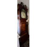 A 30 hour oak and mahogany crossbanded longcase clock with painted face and swan neck pediment. W.