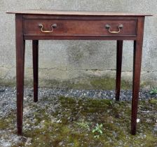 An early 19thC oak side table with single drawer to front and brass drop handles.
