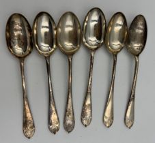 Six hallmarked silver teaspoons. Sheffield 1939, maker Walker and Hall, Weight 134gm.