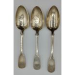 Three engraved hallmarked silver serving spoons, a pair London 1845 Chawner & Co (George William