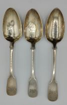 Three engraved hallmarked silver serving spoons, a pair London 1845 Chawner & Co (George William