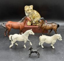 A Winstanley Studio Pottery cat 20.5cm h together with five Royal Doulton horse figurines to include