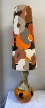 Mid century floor standing lamp with ceramic base and orange multi coloured shade, shade measures