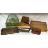 A collection of wooden items to include a working musical miniature grand piano by ISK, a green