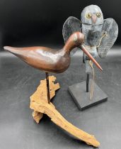 A decoy snipe and owl. Owl 39cm h on stand. Owl marked B M to back wing.