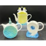 Three novelty ceramic teapots by Jenny and Geoff Morten, Richmond, N. Yorkshire. Largest one with