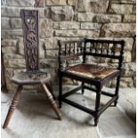 A 19thC rush seated corner chair 84h x 40w x 42cm d along with an oak spinning chair.