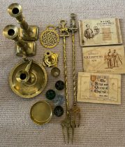 A miscellaneous lot to include a brass 18thC taperstick, brass toasting forks, John Player cigarette