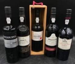 Five assorted bottles of Port comprising of Graham's 2008, Noval 2003, Product of Portugal finest