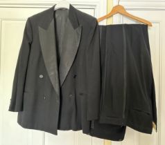 Vintage gents black evening jacket with wide lapels and two pairs of trousers. Chest 54cm, inside