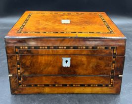 A Victorian burr walnut lap desk and work box with tunbridge work inlay and mother of pearl