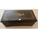 A Victorian rosewood and marquetry inlaid music box with 8 airs with tune card. 48cm x 24cm x 17cm