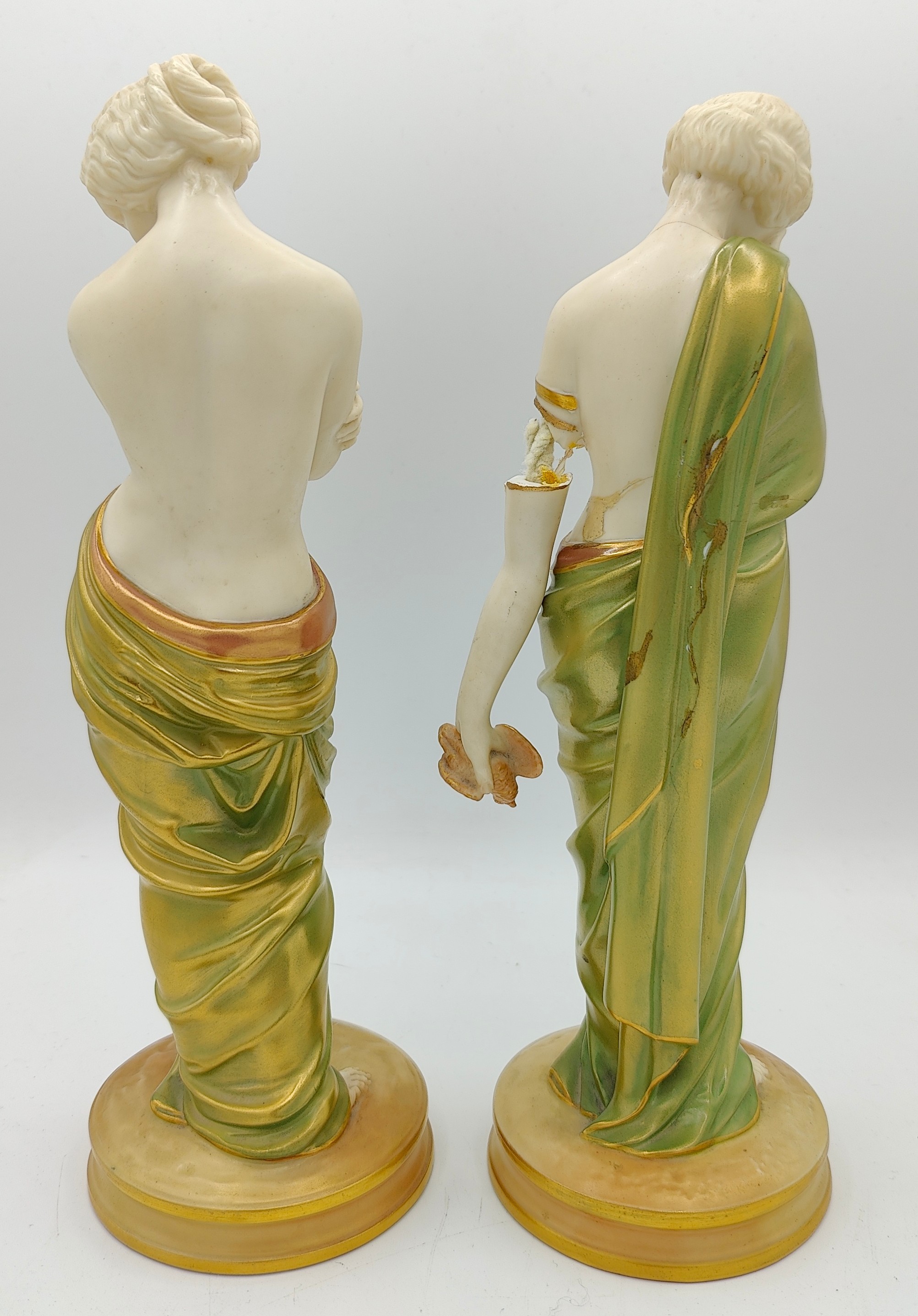 A pair of Royal Worcester figures 'Joy' and 'Sorrow' both in green and gold fabric impressed marks - Image 2 of 8