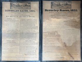 Two framed advertising posters for Beverley Races 1831 and 1833. 36cm x 25cm.