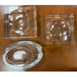 Three good quality vintage glass ashtrays, to include one with label for Habanos. Two square