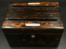 A Spiers & Son coromandel wood letter box adorned with two mother of pearl labels reading 'Answered'