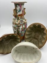 Ceramics to include 19thC Chinese vase and three jelly moulds.