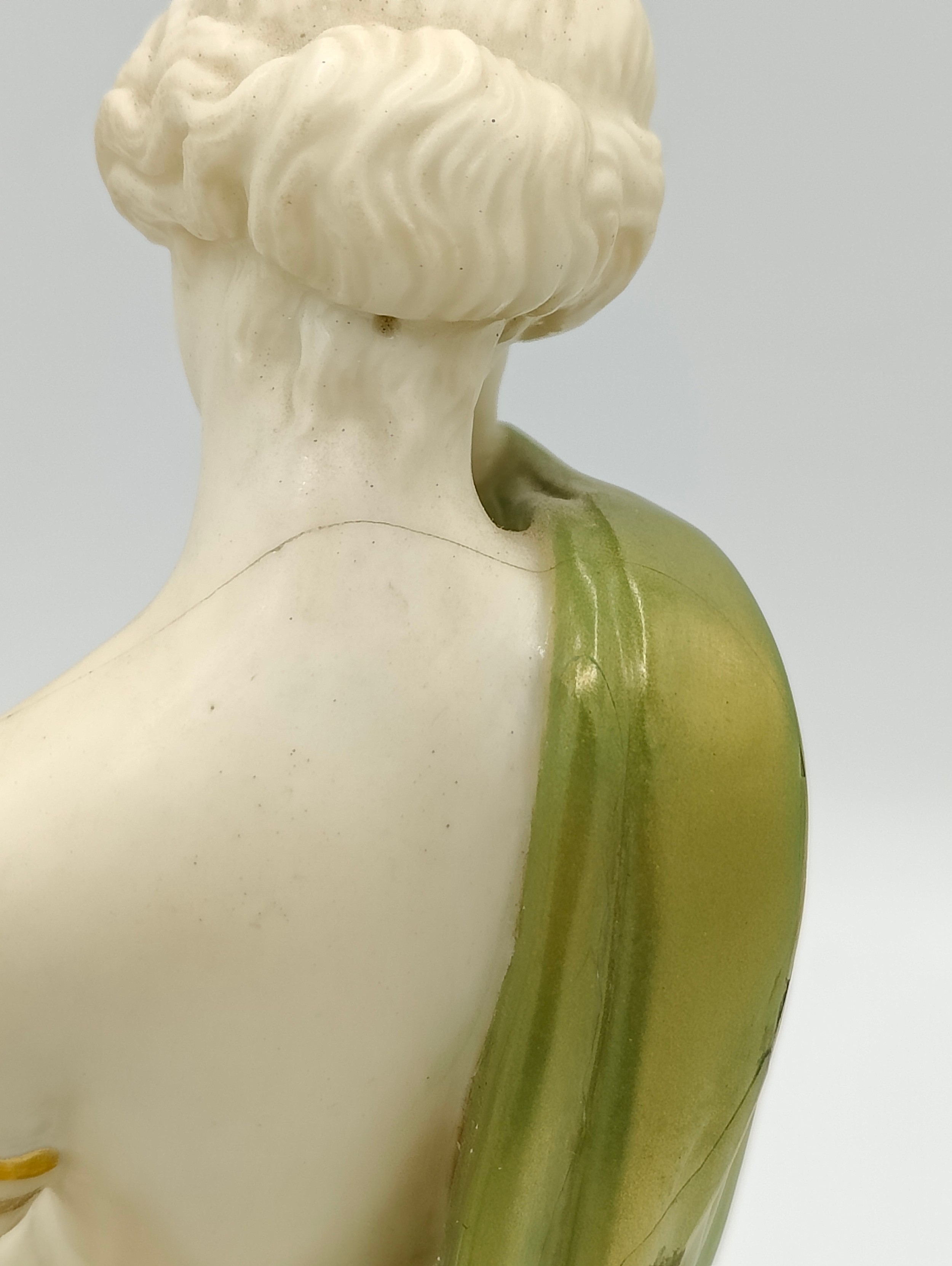 A pair of Royal Worcester figures 'Joy' and 'Sorrow' both in green and gold fabric impressed marks - Image 6 of 8