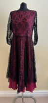 A pink evening dress with black lace overlay, underarm to underarm approx. 46cm, shoulder to hem