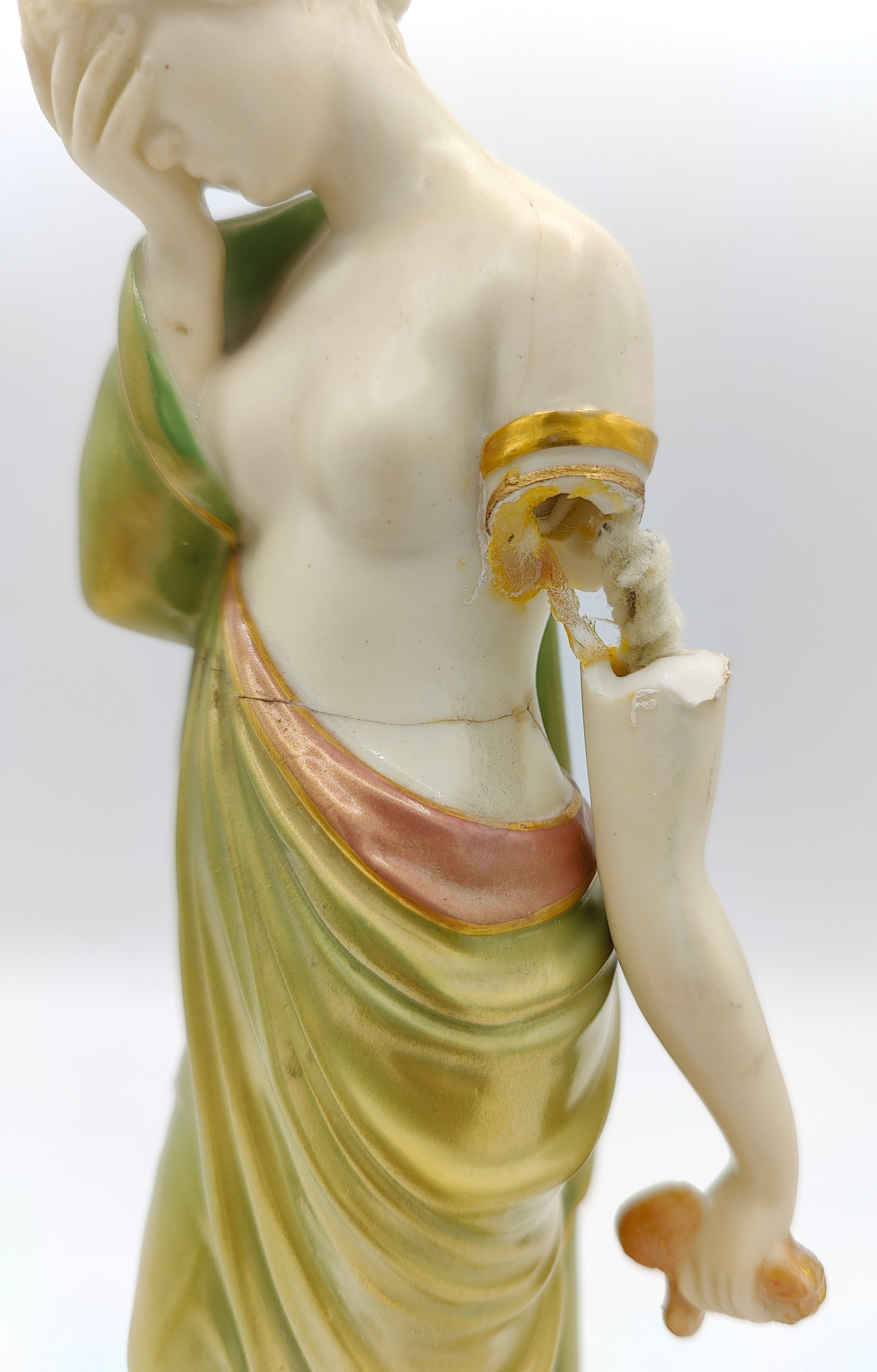 A pair of Royal Worcester figures 'Joy' and 'Sorrow' both in green and gold fabric impressed marks - Image 5 of 8