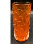 Whitefriars Glass Cylindrical Textured ' Bark ' Vase, tangerine colour, 19cm high