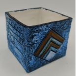 A blue square Troika vase by Simone Kilburn signed SK to bottom, with geometric shape design to
