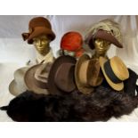 Collection of eight various hats to include a ladies russet and green Mitzi Lorenz of London, a