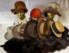 Collection of eight various hats to include a ladies russet and green Mitzi Lorenz of London, a