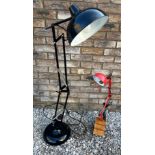 Two vintage Anglepoise lamps. Black with weighted base, approx 112cm and red on a wooden three