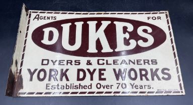 A double sided advertising sign, Agents For Dukes Dryers & Cleaners, York Dye Works. 30.5 x 51cm.