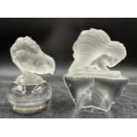 Two Sèvres glass paperweights depicting a frosted glass bird and a porcupine. Porcupine 13cm h.