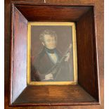 An early 19thC miniature of a gentleman playing the mandolin on ivory in original rosewood frame.