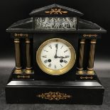 Black slate mantle clock 32cm h x 32cm w x 14cm d with architectural features including marble