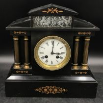 Black slate mantle clock 32cm h x 32cm w x 14cm d with architectural features including marble