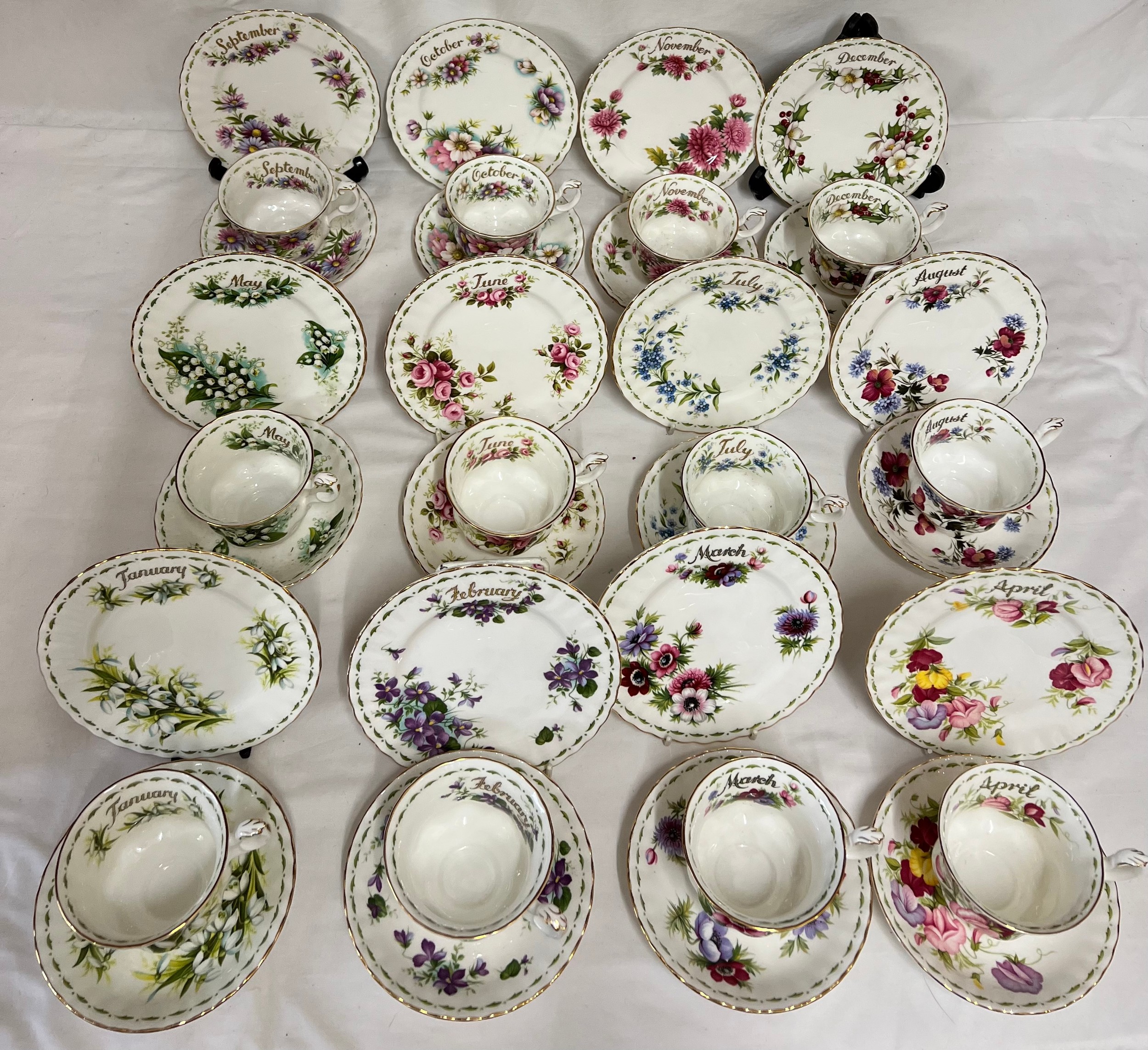 All twelve months of Royal Albert Flowers Of The Month series cups, saucers and plates, plus one - Image 3 of 6