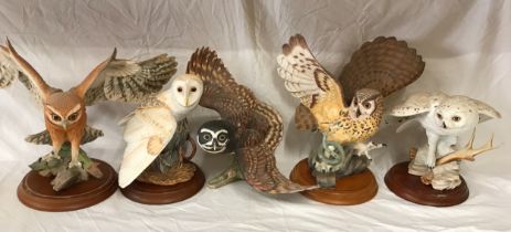 A collection of 5 Franklin Mint owls to include The Screech Owl, The Barn Owl, The Spectacled Owl,