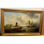 Alfred Montague ( British 1832-1883) 19thC oil on canvas seascape. Signed to rowing boat. 73cm x