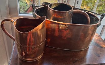 Copper to include a large oval pan with iron swing handle bearing brass plaque W.Audas 1760 50cm x