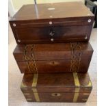 Three 19thC boxes to include rosewood and mother of pearl, lacking interior and escutcheon, 30cm x