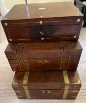 Three 19thC boxes to include rosewood and mother of pearl, lacking interior and escutcheon, 30cm x