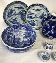 A collection of blue and white pottery to include a Copeland Spode Italian bowl 22cm w, large twin